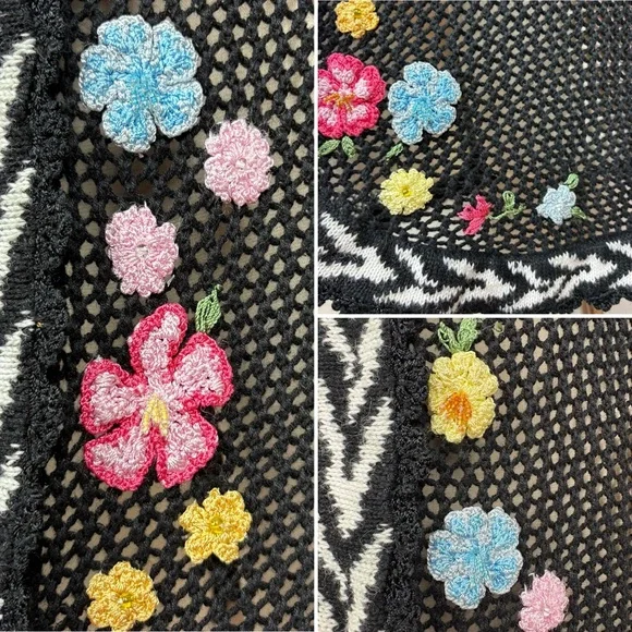 Storybook Knits Vintage Black Cardigan Size L Longline Beaded Floral Open Knit - Picture 7 of 17